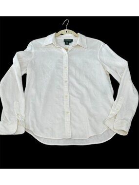 Lauren Ralph Lauren Button Up Shirt Large White Embroidery Collar Long Sleeve